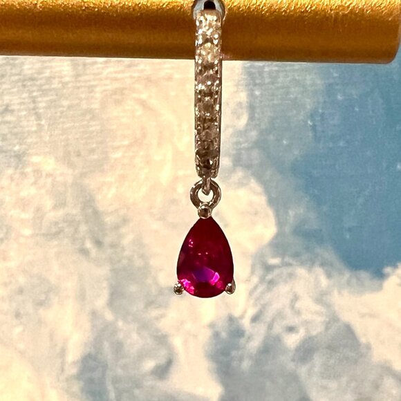 Lab Ruby Drop, Sterling Silver and CZ Huggie Hoops - stamped .925 - Picture 5 of 8